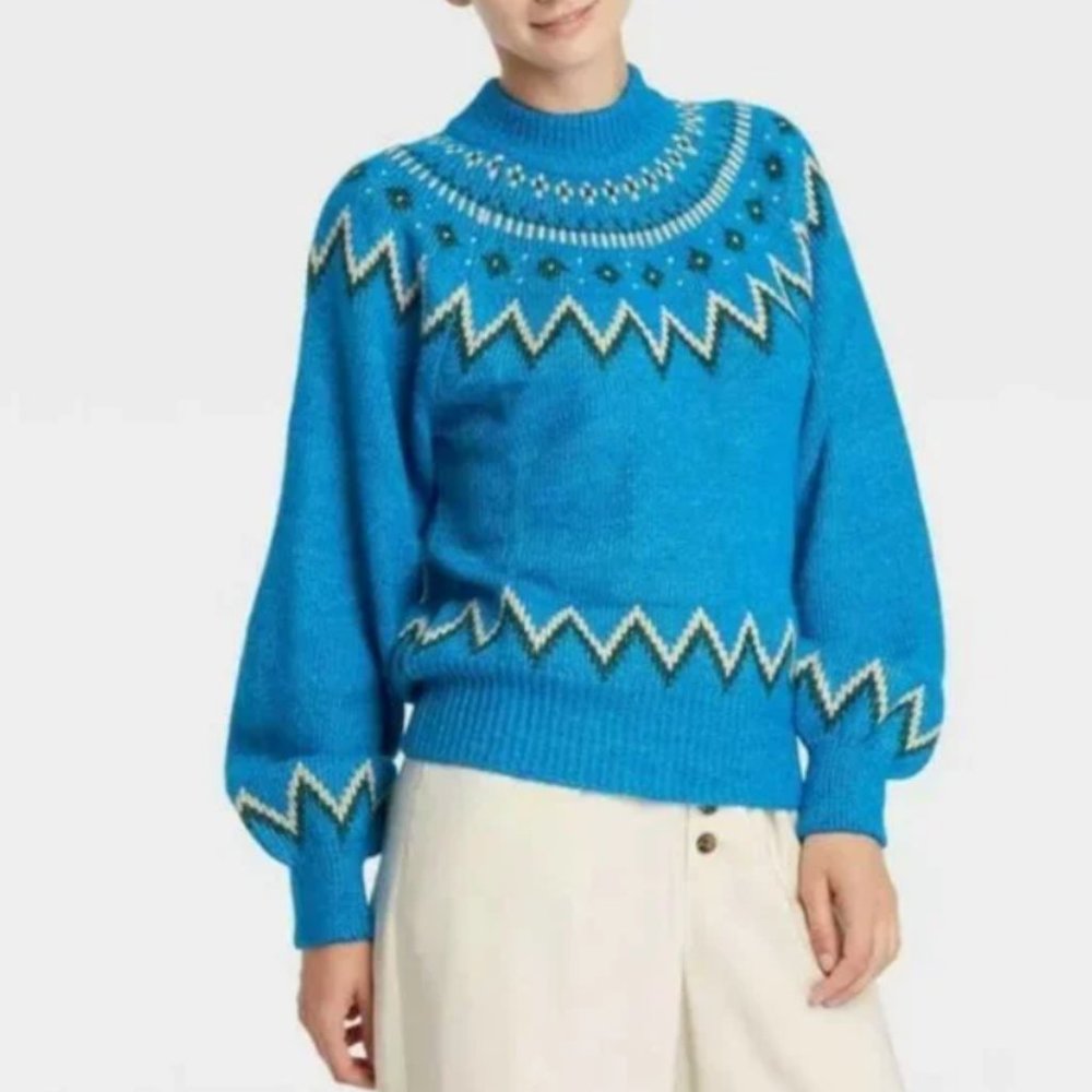 Who What Wear Ibiza Blue Fair Isle Pullover Sweater